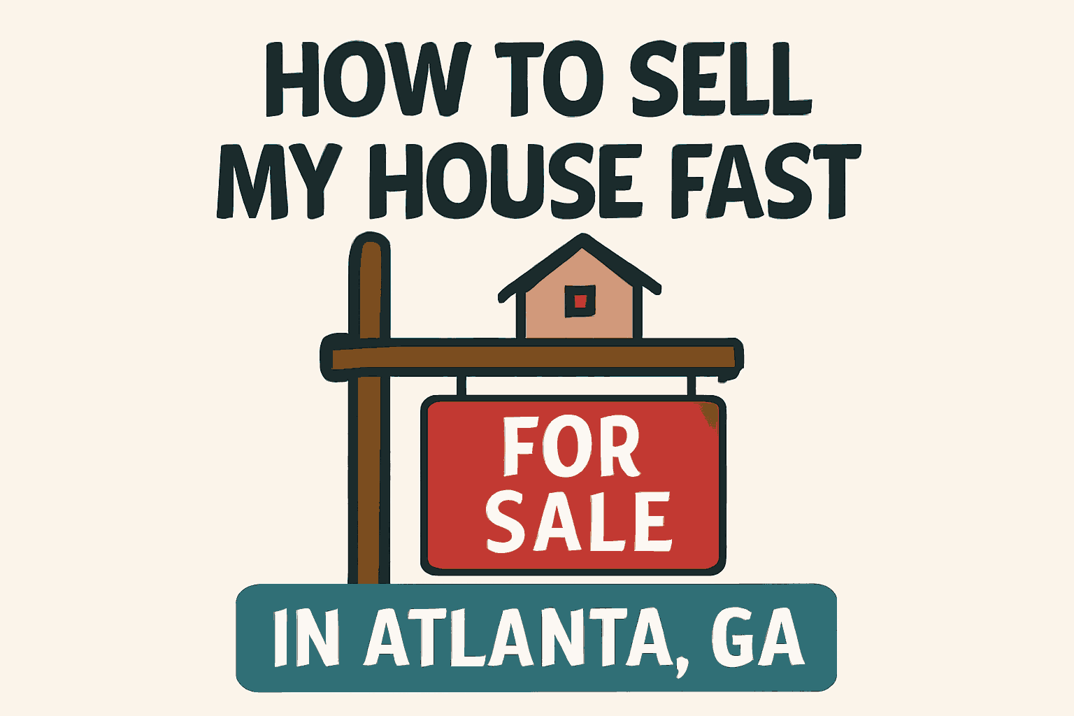 How to Sell My House Fast in Atlanta, GA - Real Estate For Sale Sign with bold lettering and a colorful 'For Sale' banner. Perfect for homeowners looking to sell their property quickly in Atlanta, Georgia. Learn tips for fast home selling in the Atlanta real estate market. Contact real estate agents for quick home sales.