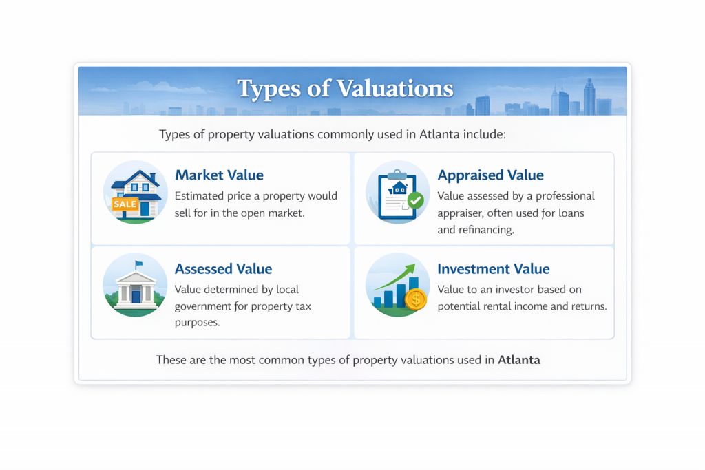 Types of property valuations used in Atlanta including market value, appraised value, assessed value, and investment value