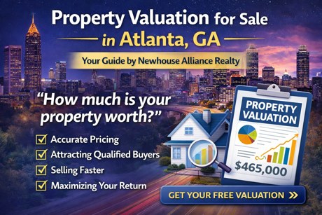resized_compressed_image_100KB Promotional flyer for property valuation services in Atlanta, featuring a professional real estate agent and a couple with a 'FREE PROPERTY VALUATION' sign in front of a modern home, offering clear, data-backed insights for home sellers.