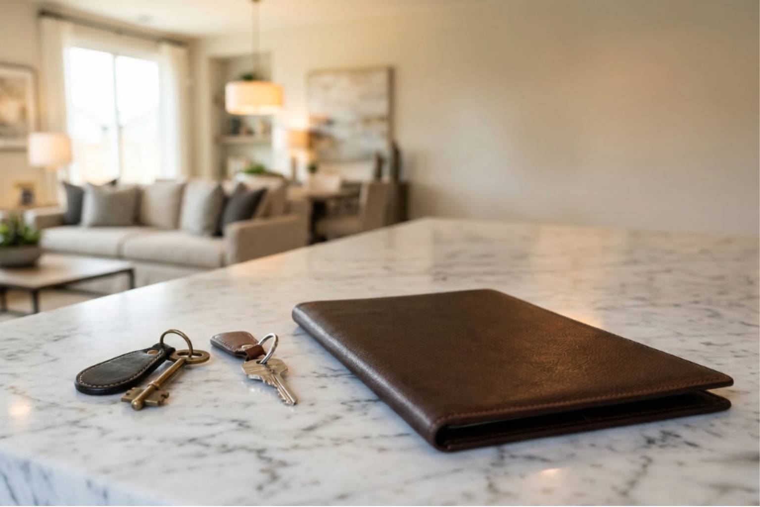Modern home interior with house keys and a leather folder placed on a marble kitchen countertop, with a bright living room in the background, representing real estate buying and property ownership.