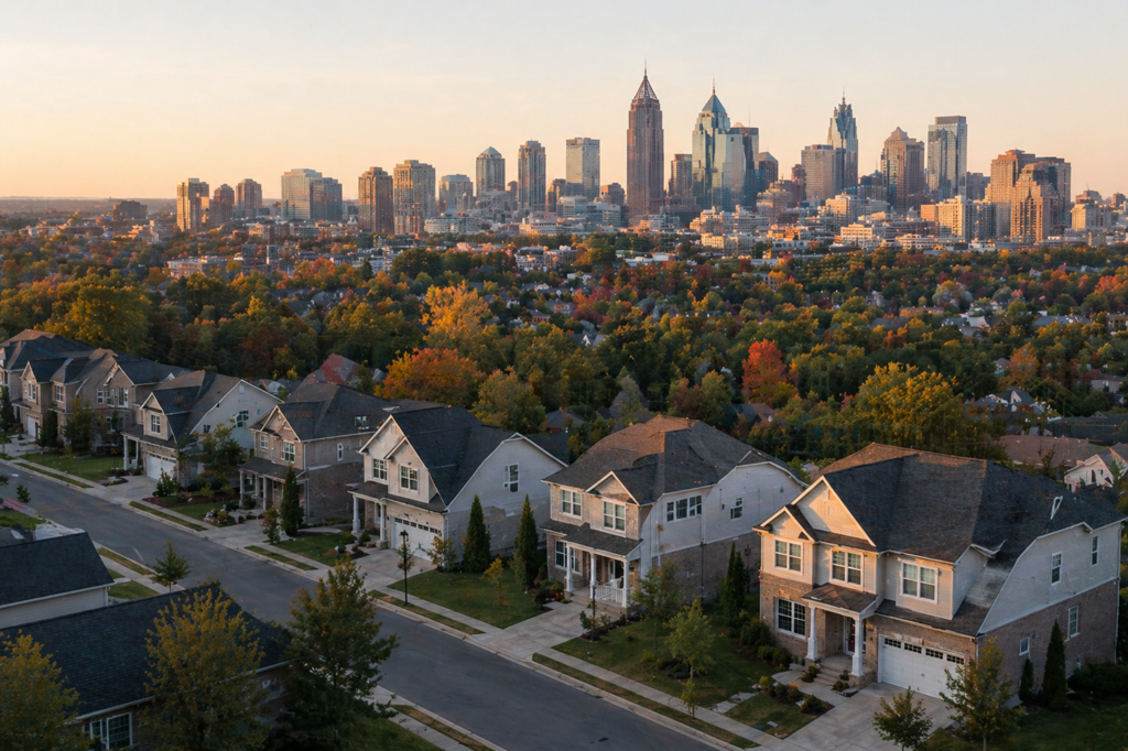 High-resolution aerial photograph of a suburban residential area with detached two-story houses, neatly aligned along a quiet street, surrounded by dense trees showing fall colors, with a large metropolitan skyline in the distance under warm golden hour lighting.