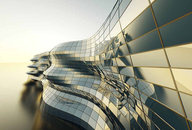 Abstract futuristic building featuring an undulating, wavy reflective glass facade catching warm sunlight.