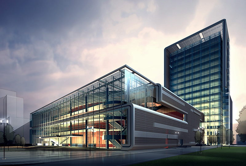 Architectural rendering of a modern commercial building complex at dusk, featuring a low-rise structure with a transparent glass facade and a tall glass high-rise tower in the background.