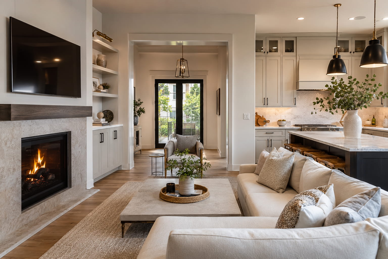 Luxury New Home Rental Interior in Atlanta GA | Modern Open-Concept Living Space Luxury new home for rent in Atlanta GA featuring a modern open-concept living room, gourmet kitchen, fireplace, and premium finishes.